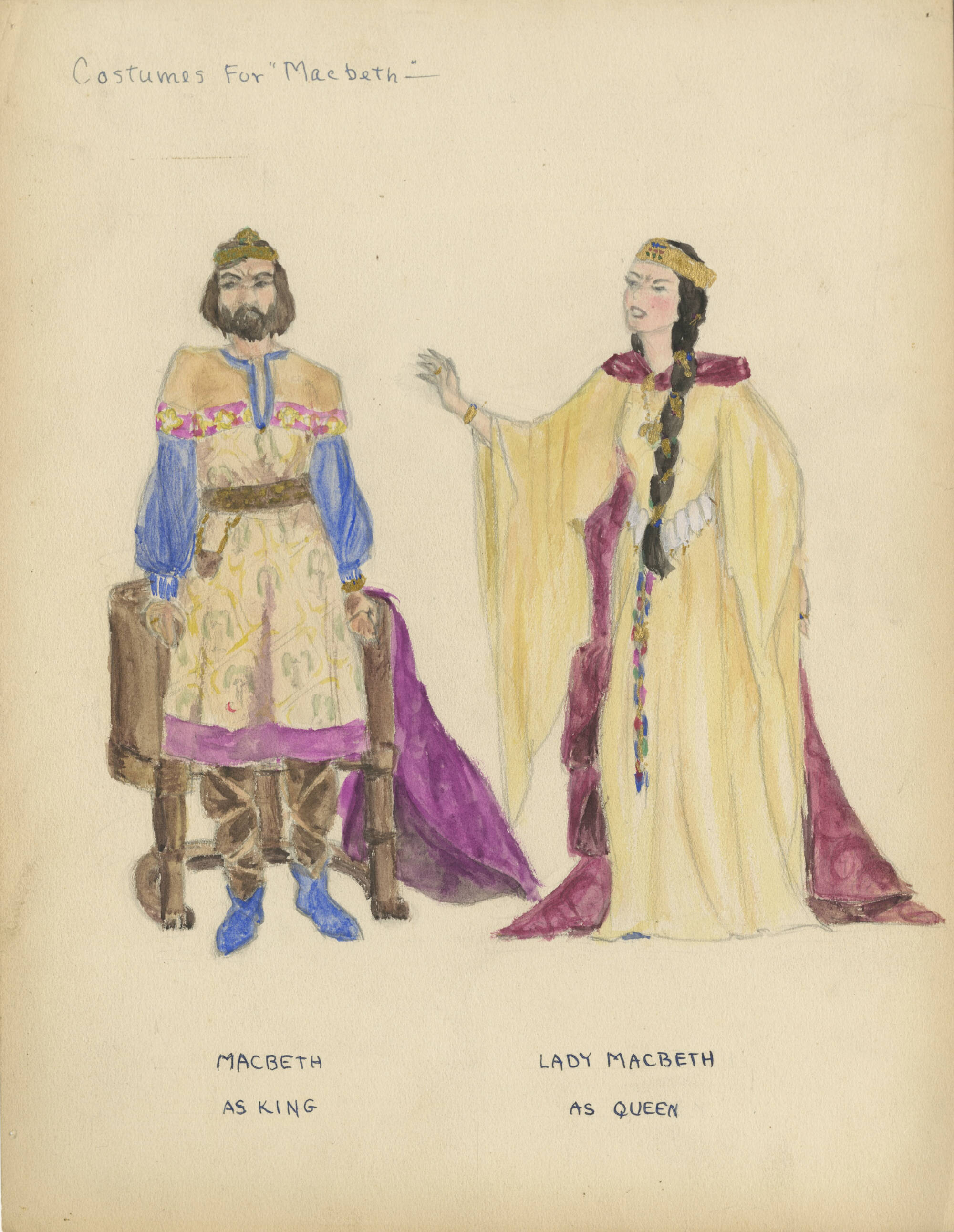 Mixed media piece that reads "Costumes for Macbeth". Shows costume designs for both a man and a woman.
